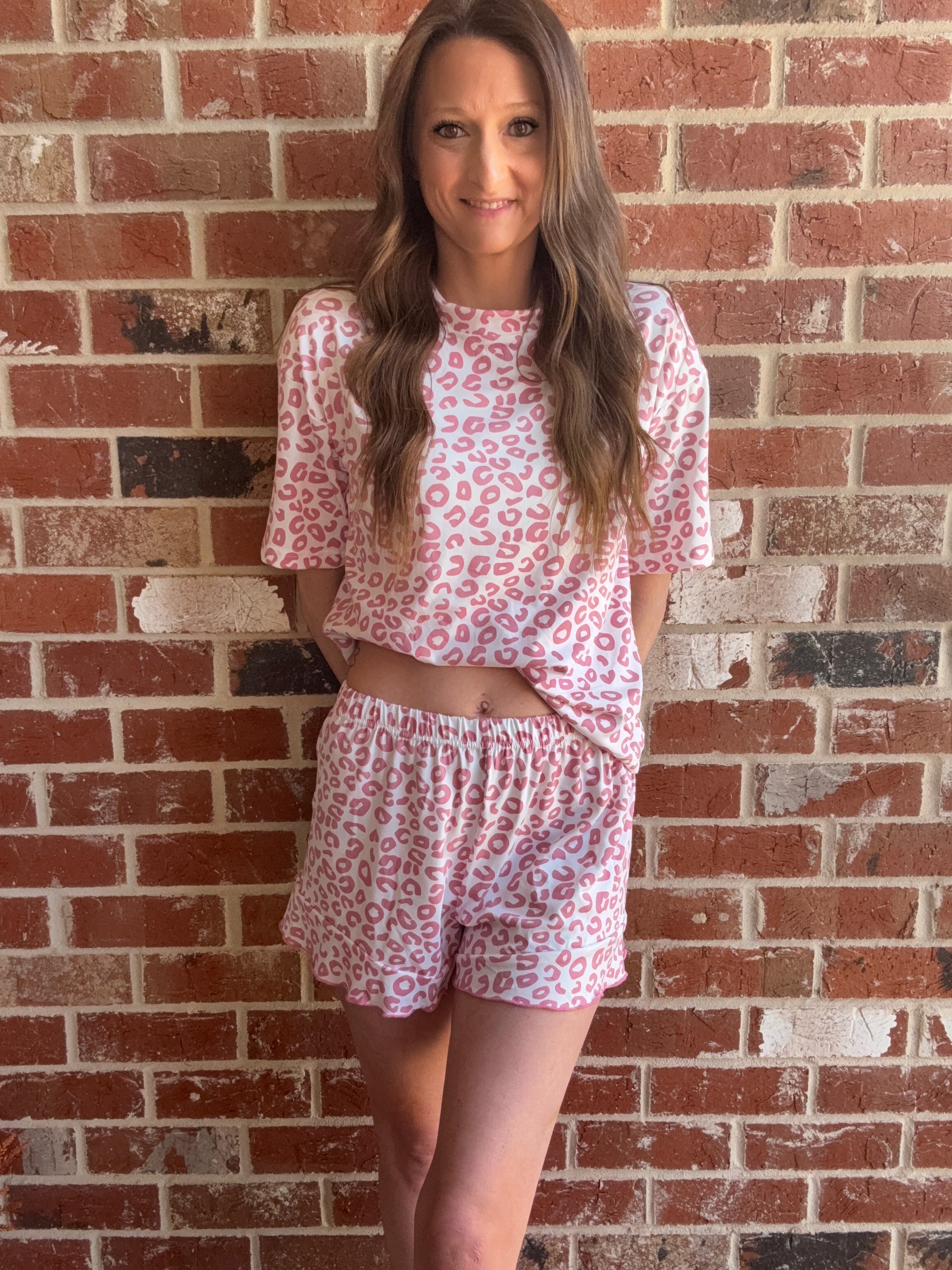 Leopard Print Crew Neck Tee and Ruffled Shorts Lounge Set