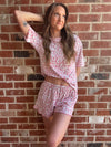 Leopard Print Crew Neck Tee and Ruffled Shorts Lounge Set