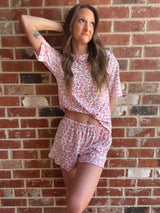 Leopard Print Crew Neck Tee and Ruffled Shorts Lounge Set