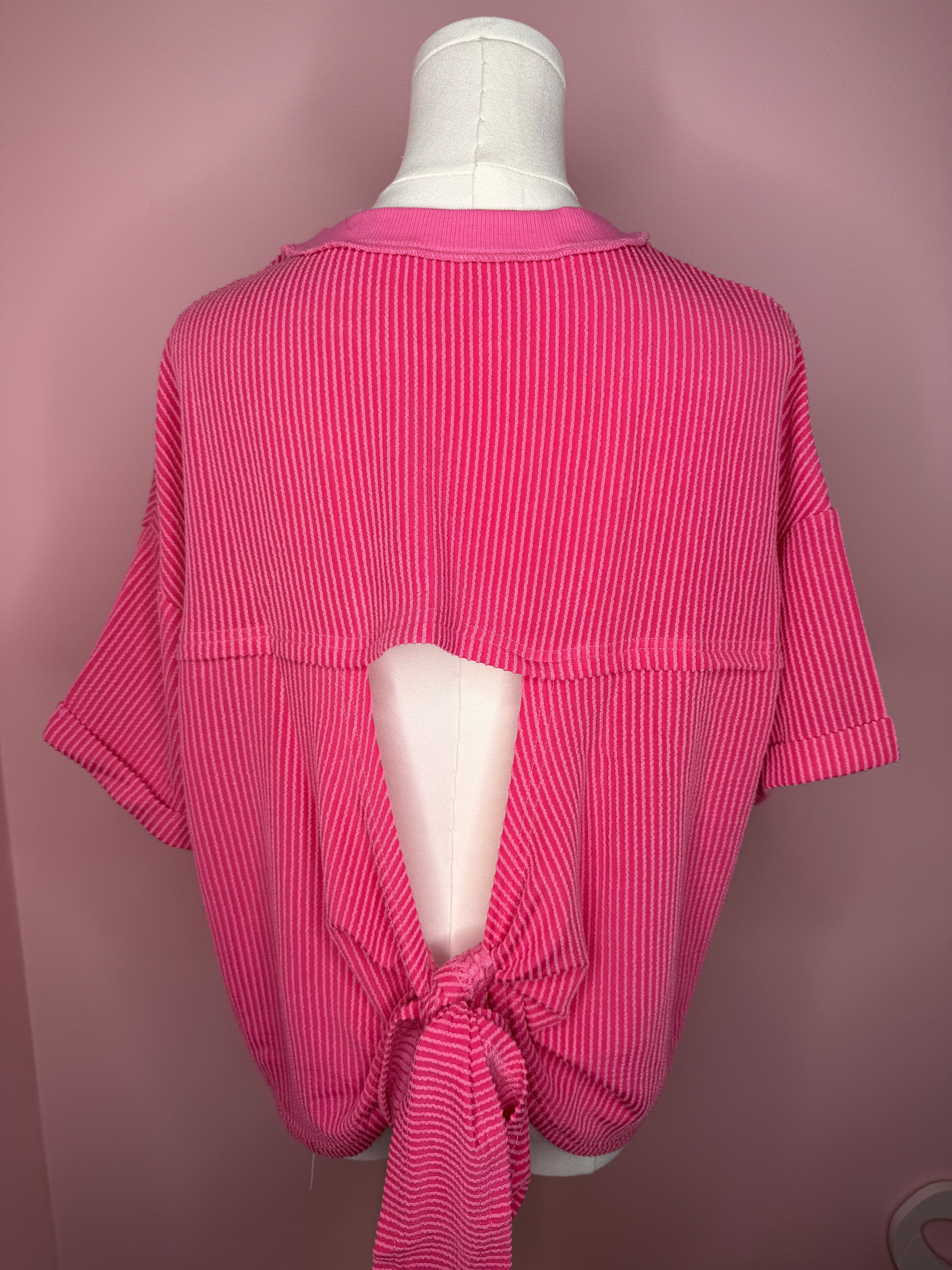 Women’s Ribbed Cutout Back Bow Knot Oversized Shirt