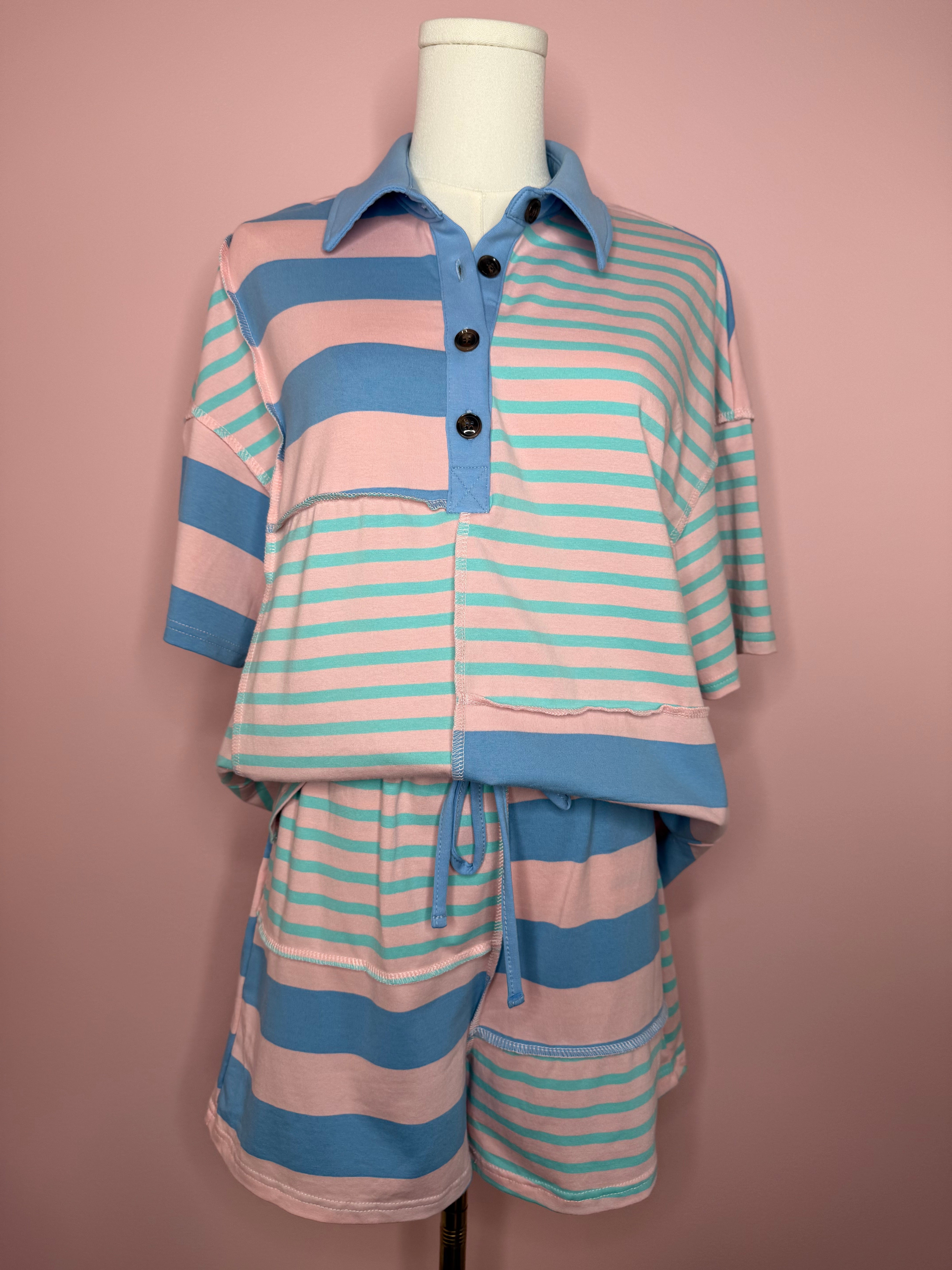 Stripe Exposed Seam Patchwork Two-Piece Short Set