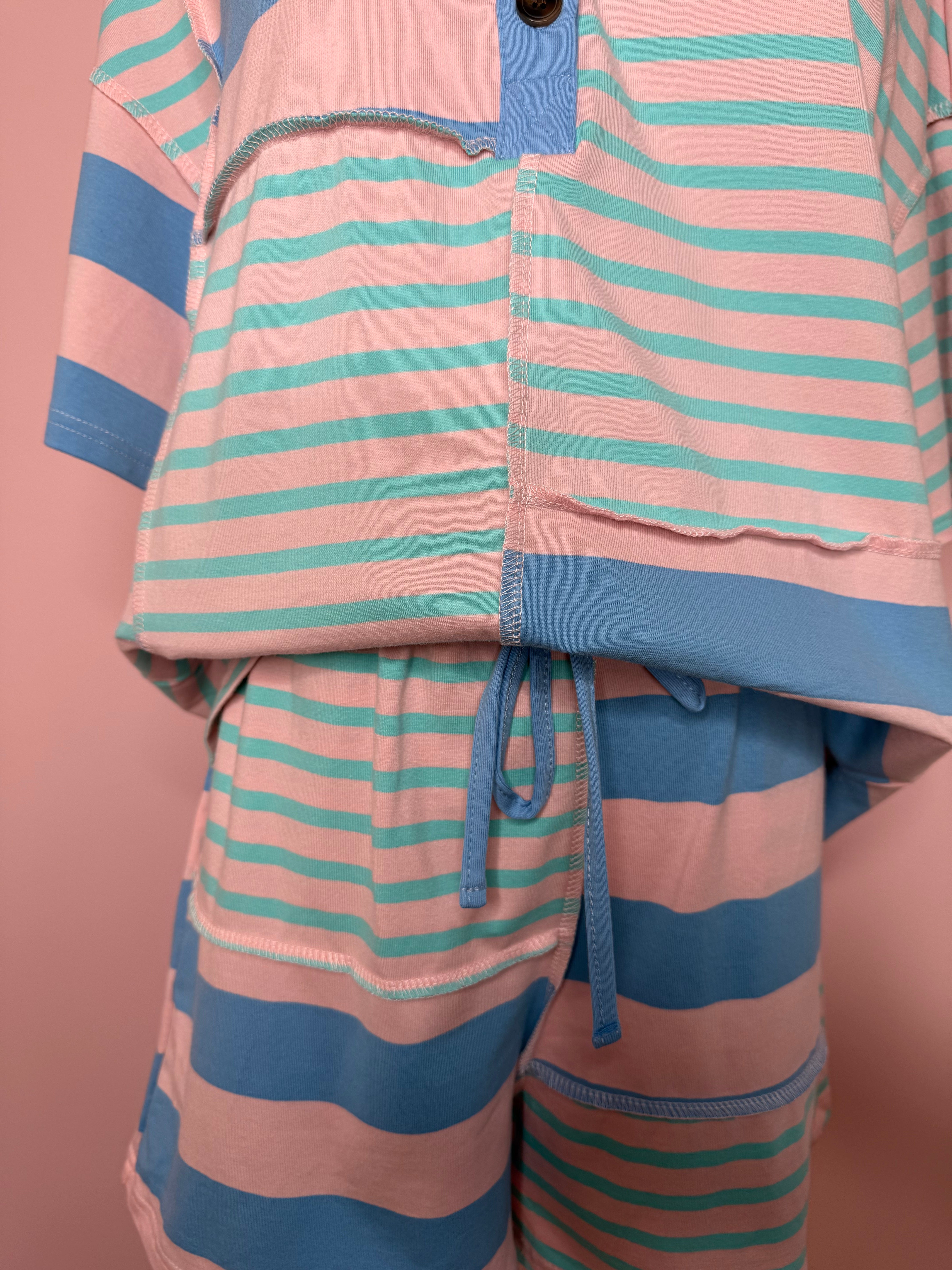 Stripe Exposed Seam Patchwork Two-Piece Short Set