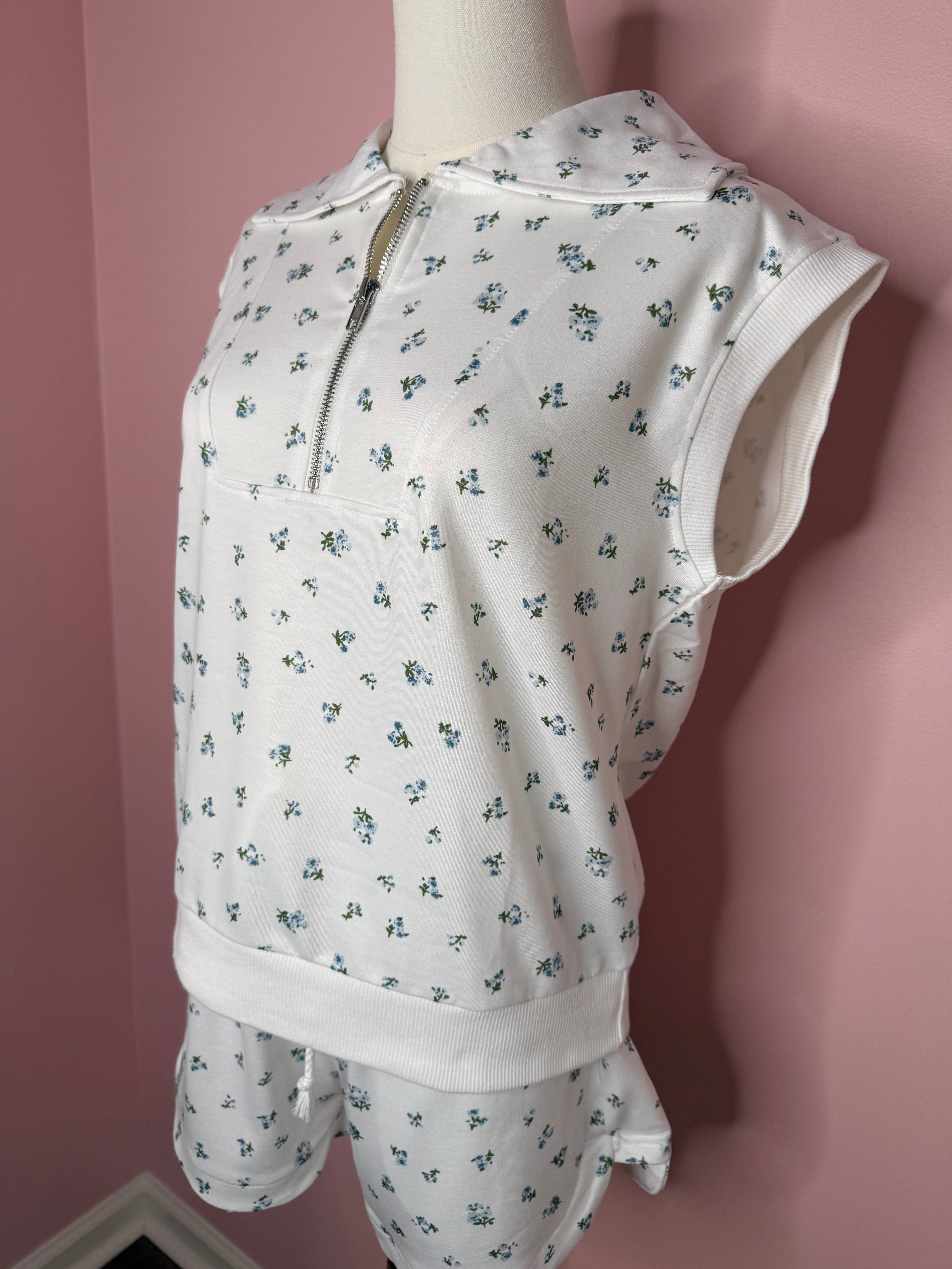 Floral Half-Zip Hooded Top & Shorts Set