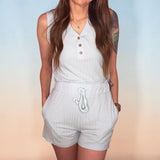 V Neck Button Sleeveless Tank Top and Drawstring Shorts Set