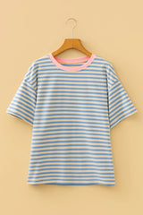 Stripe Contrast Crew Neck Drop Shoulder Tee