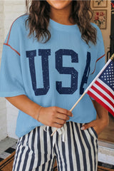 USA Graphic Half Sleeve Loose Ribbed Top