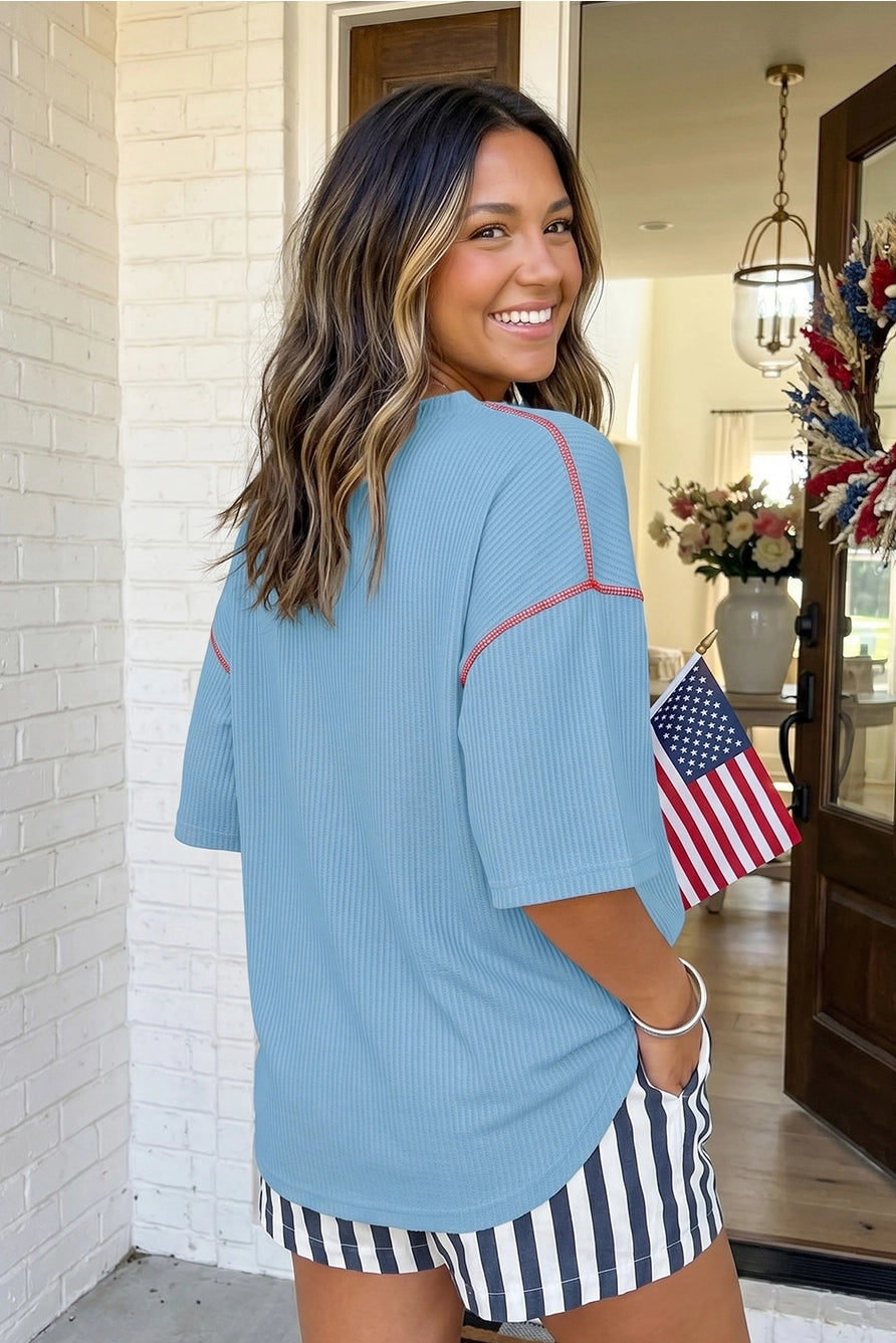 USA Graphic Half Sleeve Loose Ribbed Top