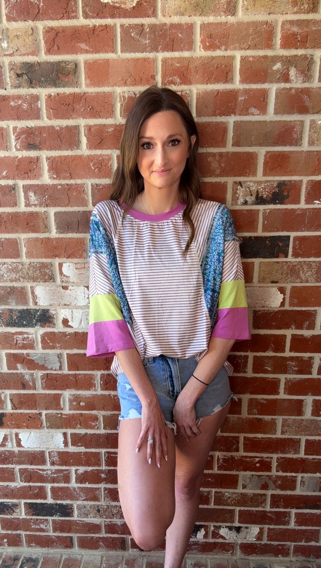 Stripe Floral Raw Edge Patchwork Bracelet Sleeve Top