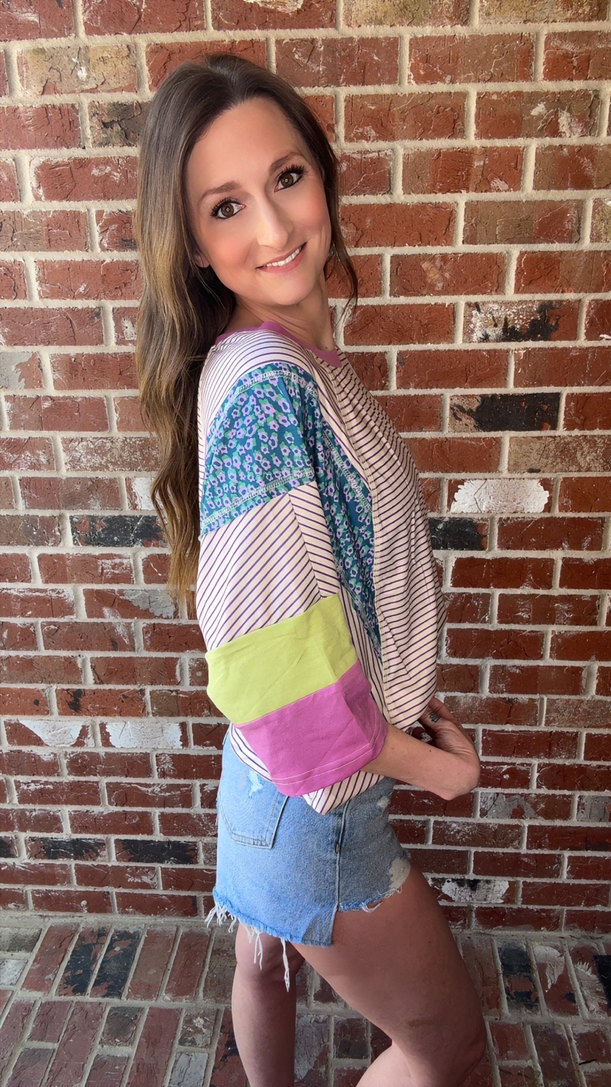 Stripe Floral Raw Edge Patchwork Bracelet Sleeve Top