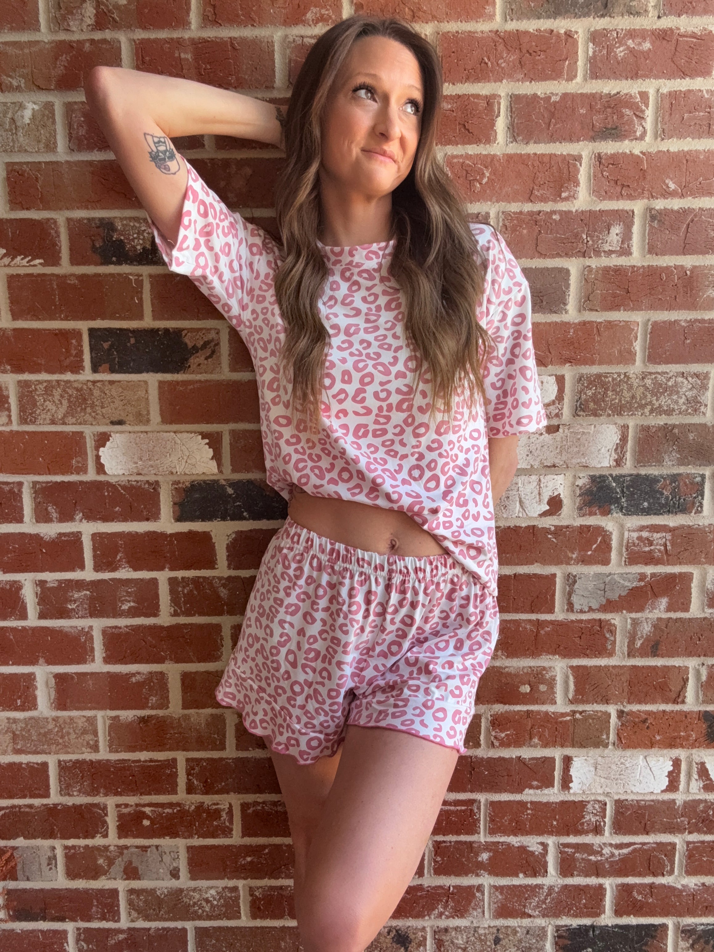 Leopard Print Crew Neck Tee and Ruffled Shorts Lounge Set