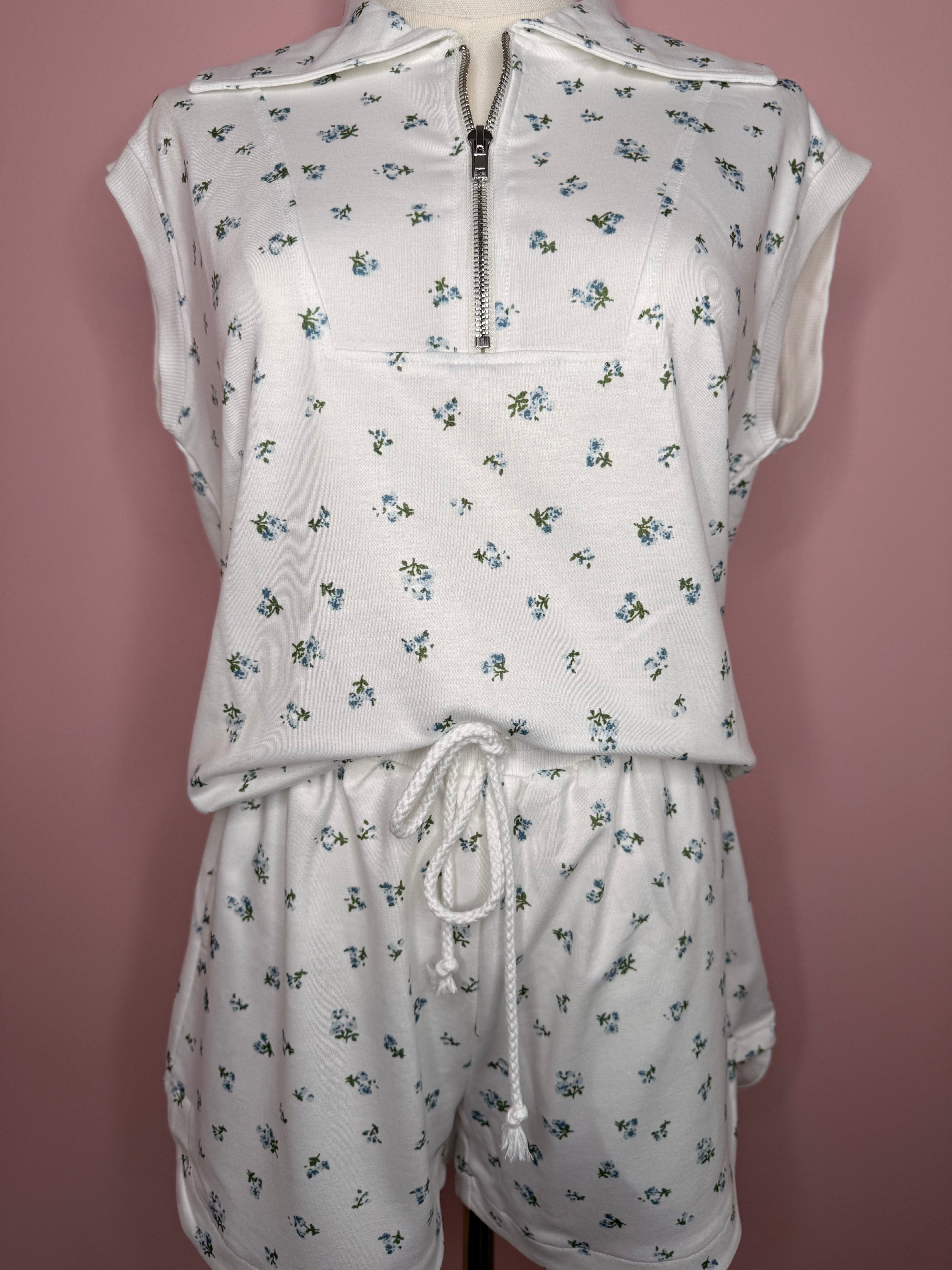 Floral Half-Zip Hooded Top & Shorts Set