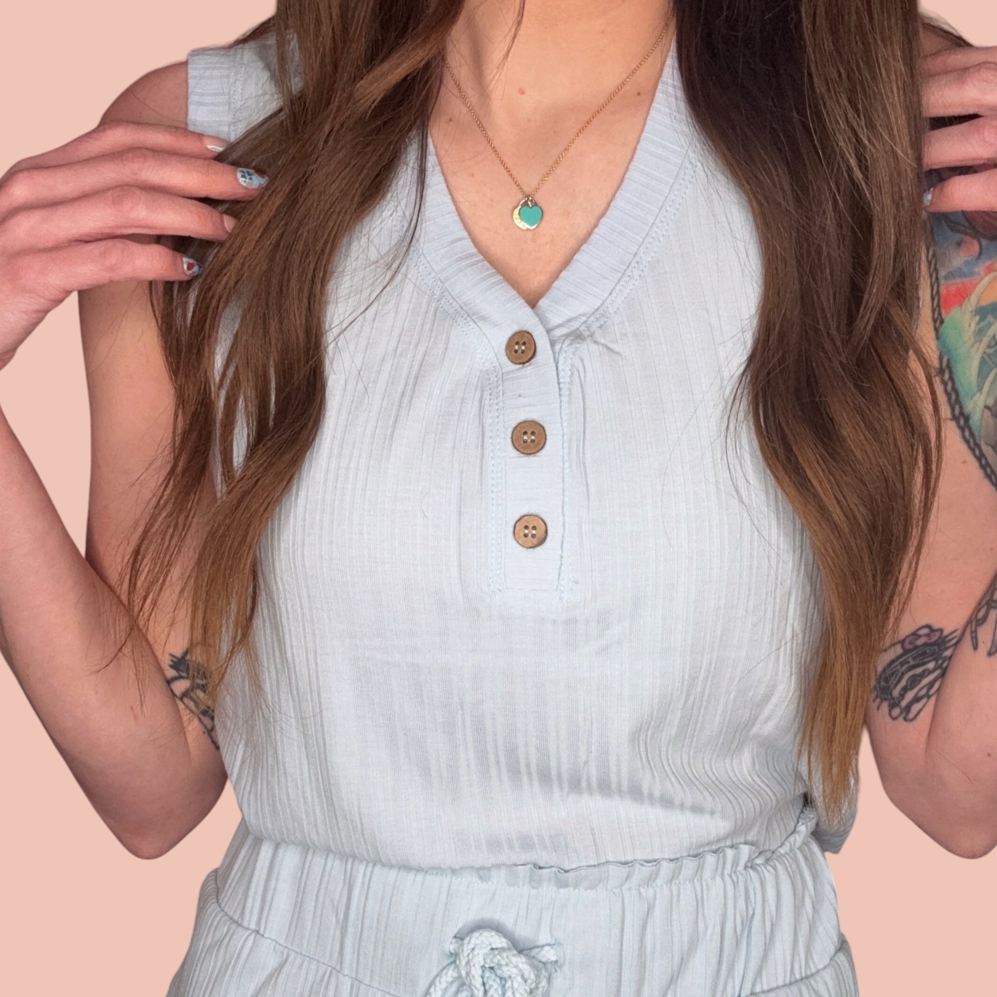 V Neck Button Sleeveless Tank Top and Drawstring Shorts Set