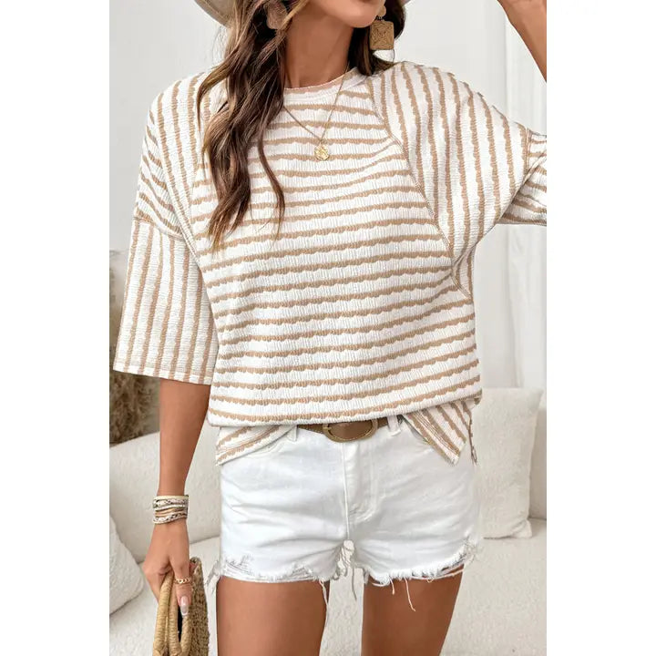Stripe Textured Knit 3/4 Sleeve Top