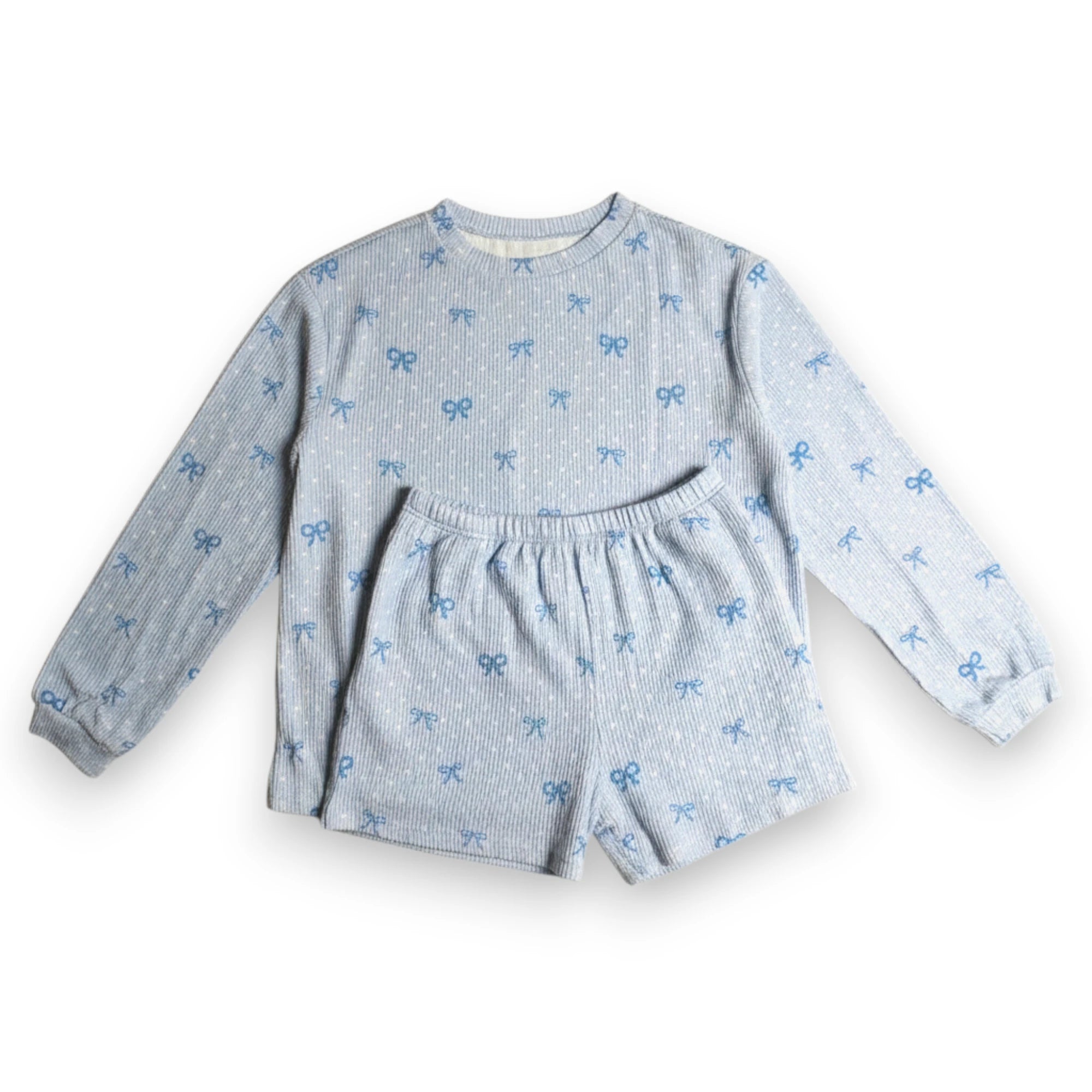Polka Dot Bow Corded Knit Top and Shorts Set