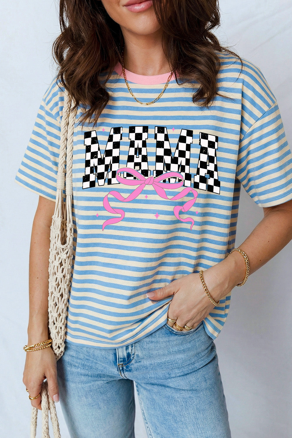Stripe Mama Checkered Graphic Short Sleeve Top
