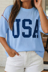 USA Graphic Half Sleeve Loose Ribbed Top