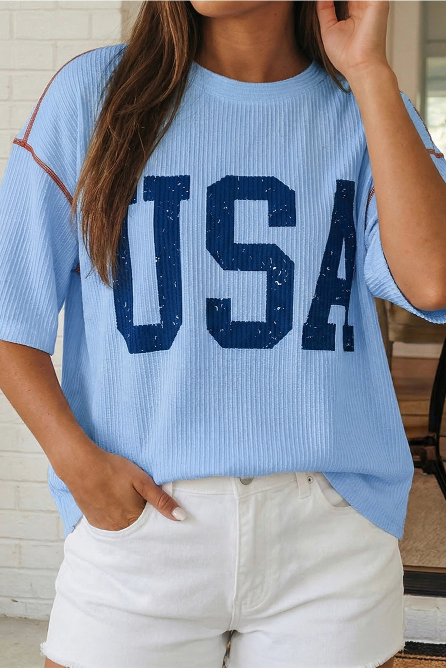 USA Graphic Half Sleeve Loose Ribbed Top