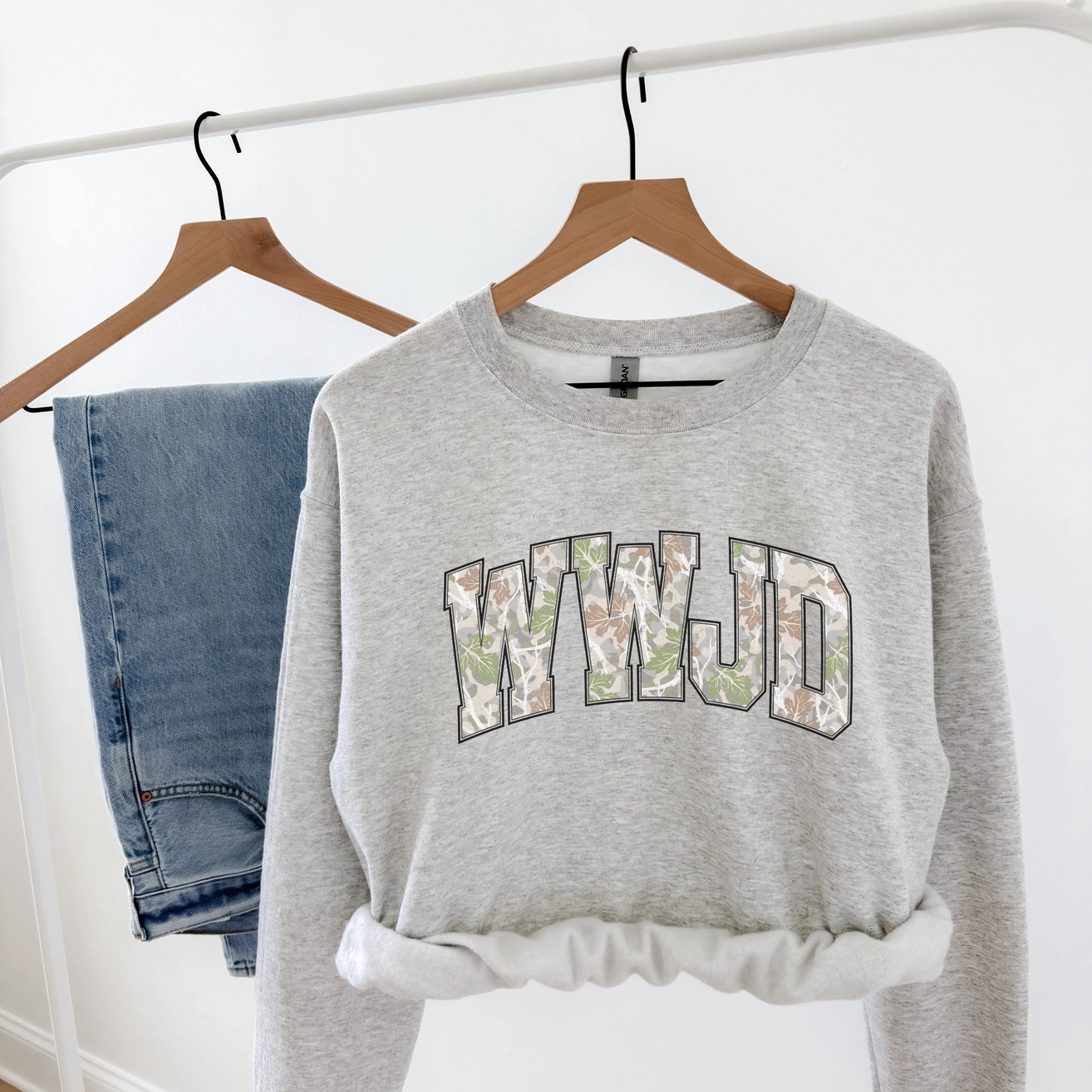 WWJD Camo Letter Sweatshirt | Faith Graphic Crewneck