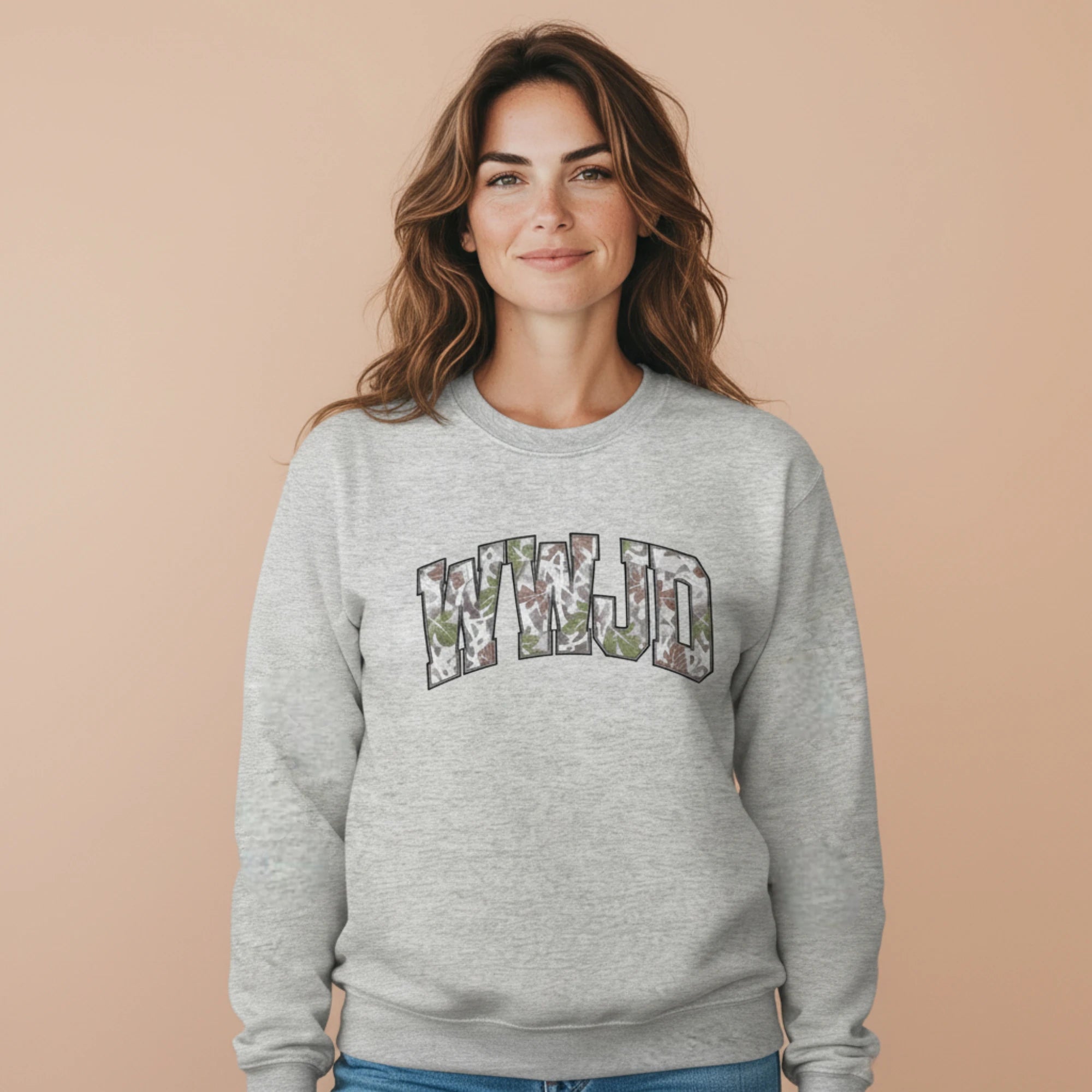 WWJD Camo Letter Sweatshirt | Faith Graphic Crewneck
